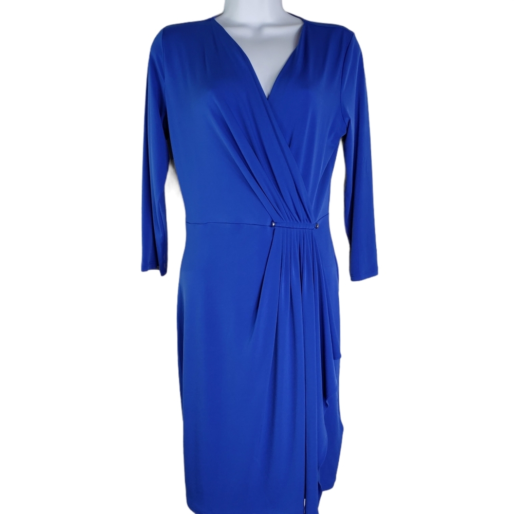 Michael Kors Womens Blue Ruched Dress XS Drape Midi Career Comfort Classy V Neck